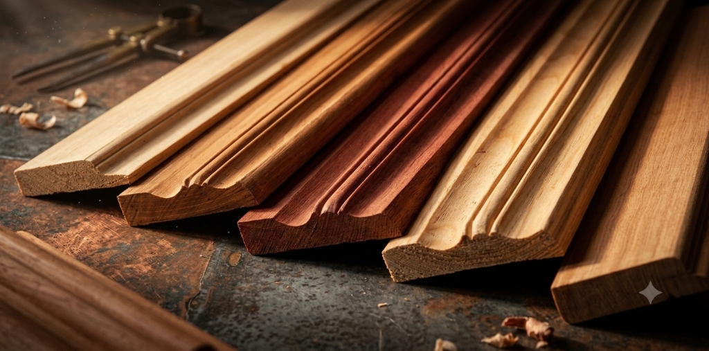 Precision-milled hardwood architectural moulding profiles on workbench