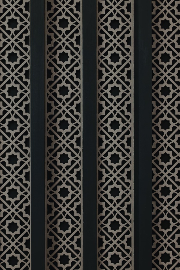Architectural geometric wooden jaali partition lattice screen